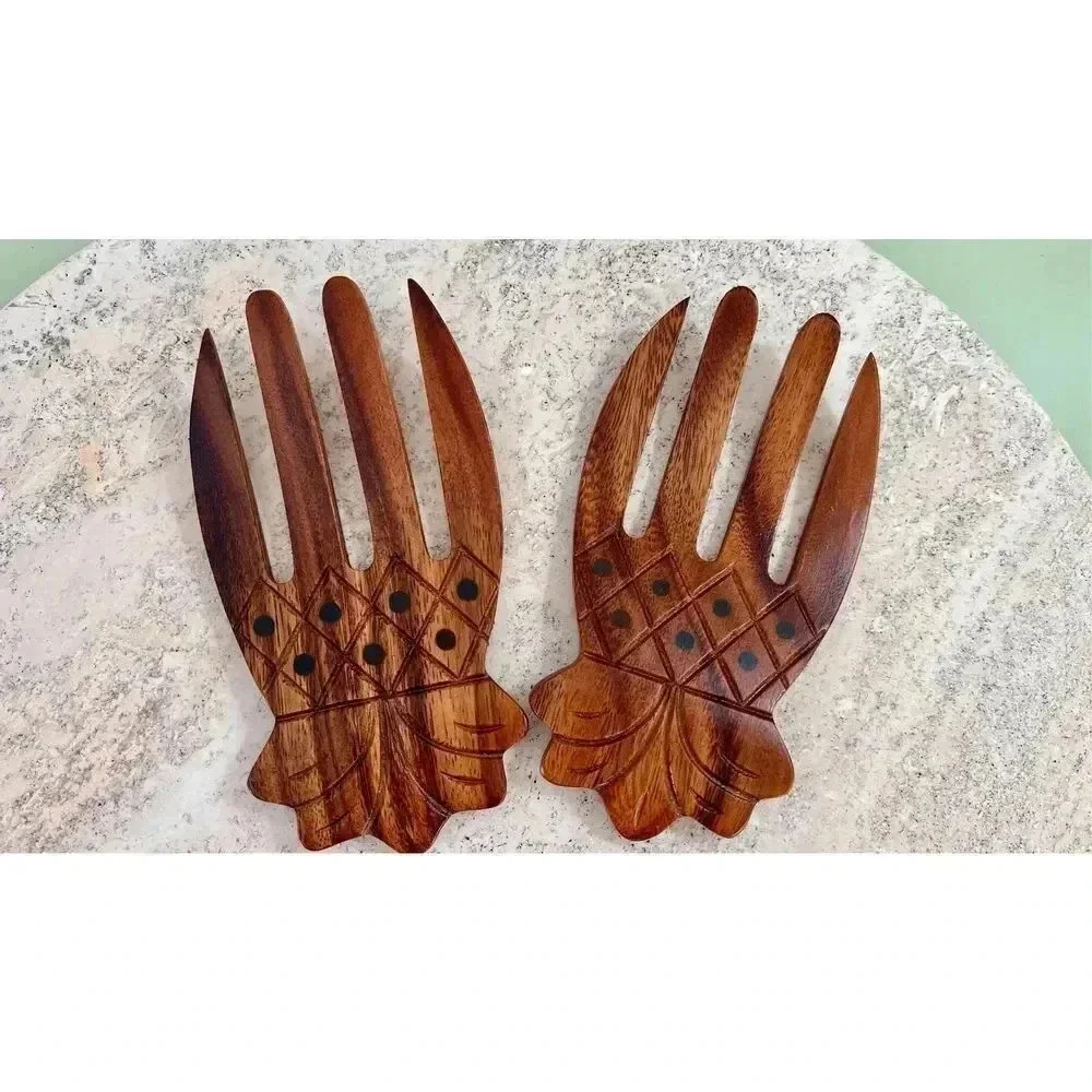 Vintage Brown Hawaiian Kamani Wood Pineapple‎ Salad Tossing Hands Fork Servers